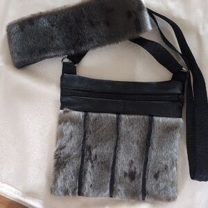 Sealskin Headband and Black Leather Crossbody Bag. Excellent Condition